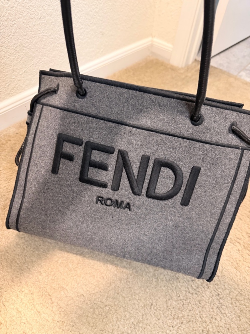 Fendi Grey Felt Roma Tote with Black Trim